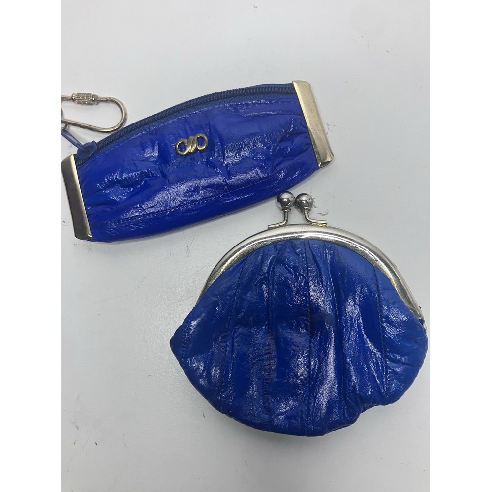 VTG Rare Blue Eel Skin Keychain + Double Kiss Lock Coin Purses Korea Gold Frame